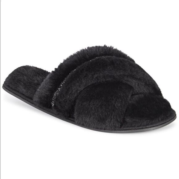INC Womens Faux-Fur Crossband Slippers Black NWT - Picture 1 of 3